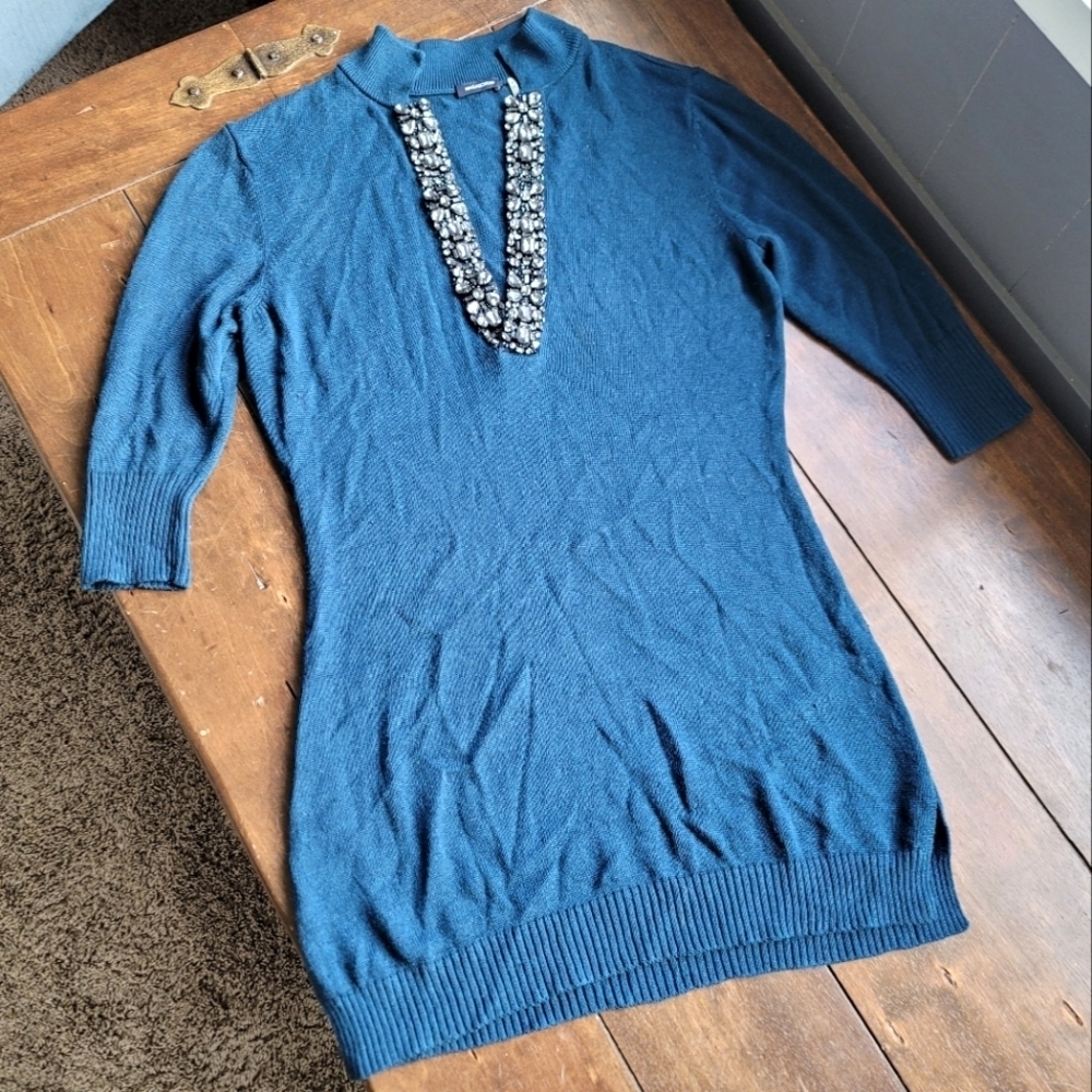 Magaschoni Cashmere Silk Rhinestone V-neck Tunic Sweater size M Teal